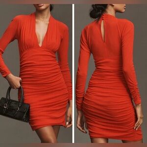 Anthropologie Deep V-Neck Ruched Mesh Mini Dress